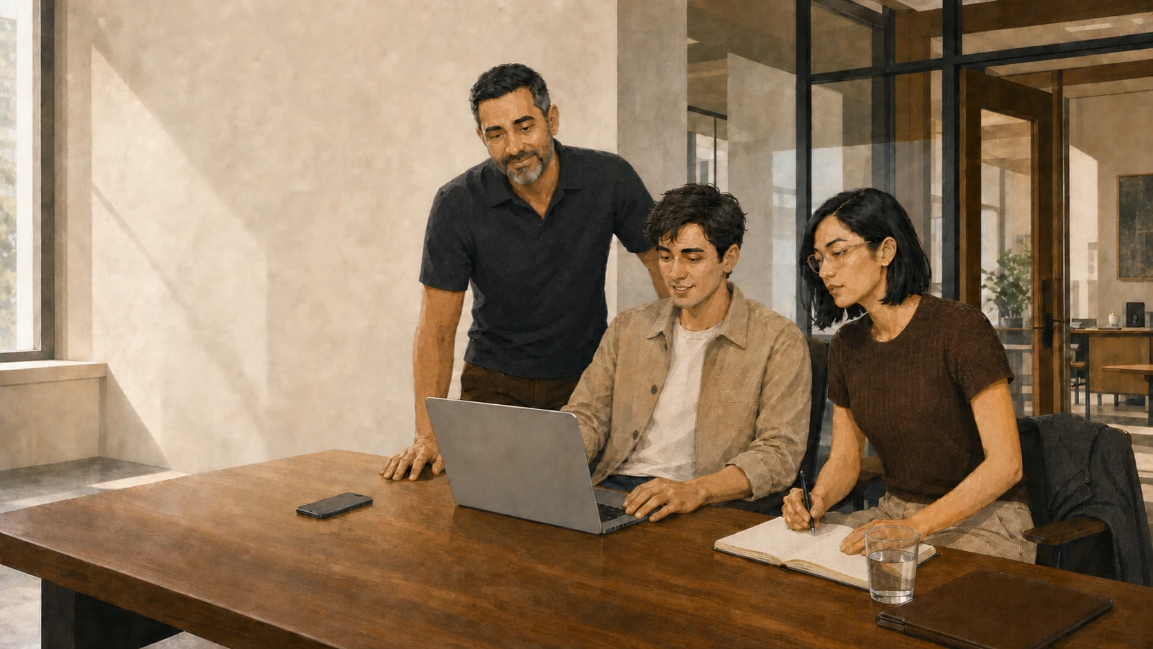 Three people examining work together at a laptop