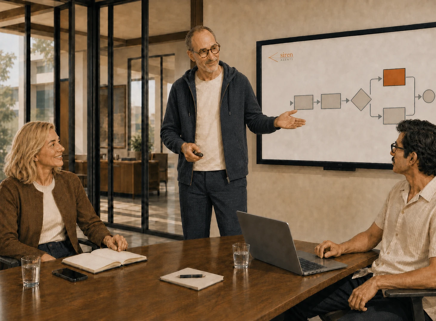 Michael points to one highlighted step in a process diagram while two colleagues consider it