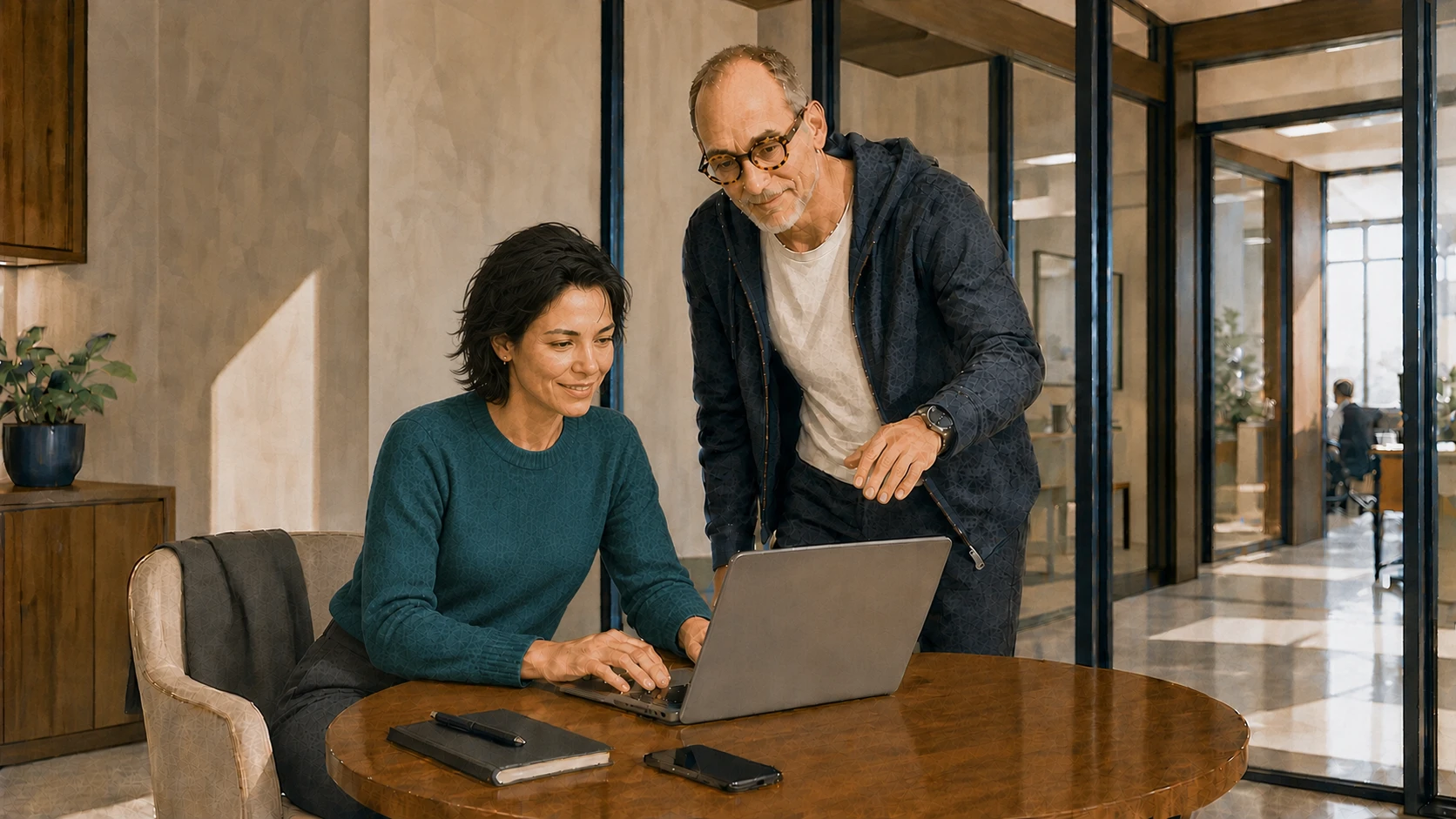 Michael and a business owner review her work together on a laptop in a daylit office